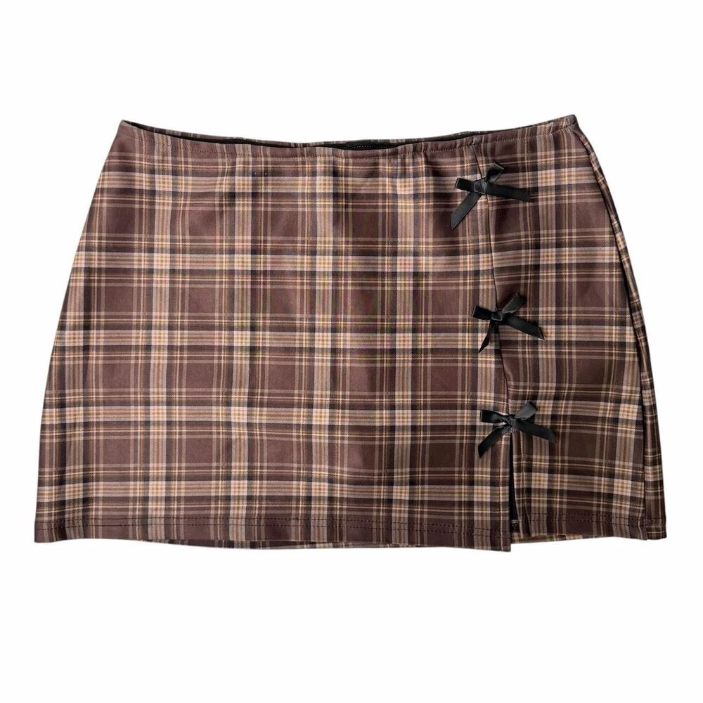 Brown Plaid Mini Skort Skirt Dark Academia Preppy High Waisted Retro Large